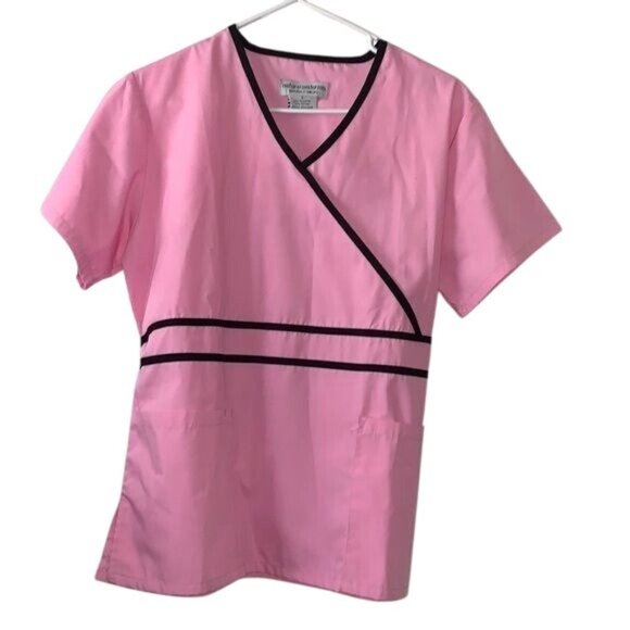 Natural Uniforms S Pink & Black Contrast Trim Scrub Top - Picture 1 of 7